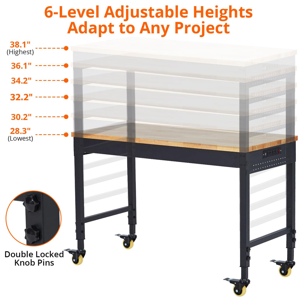 48"x 24" Workbench for Garage, Rolling Heavy-Duty Worktable with Power Outlet and Lockable Wheels, Adjustable Height