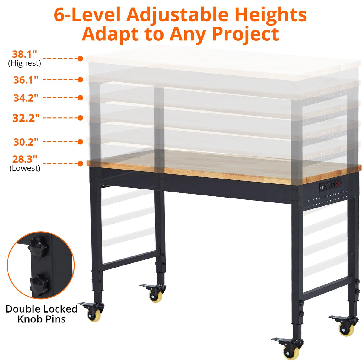 48"x 24" Workbench for Garage, Rolling Heavy-Duty Worktable with Power Outlet and Lockable Wheels, Adjustable Height