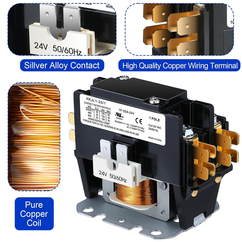 1 Pack HVAC Motor Contactor, 24V 25Amp Coil 1 Pole Replacement Relay | Air Conditioner Contactor Compatible with
