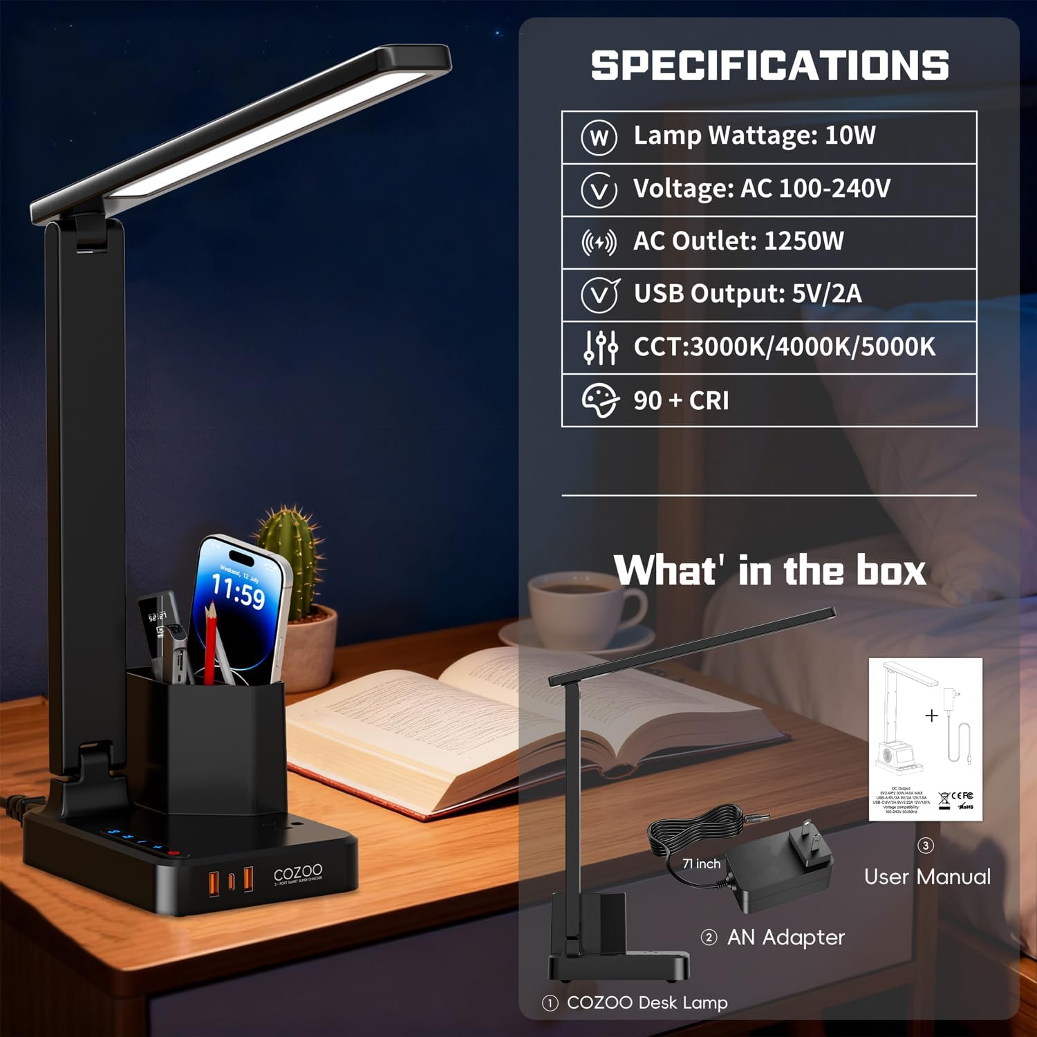 LED Desk Lamp for Dorm Office, USB C, AC Outlet Charging Port, Black | Dorm Room Essentials for Guys, Eye-Caring