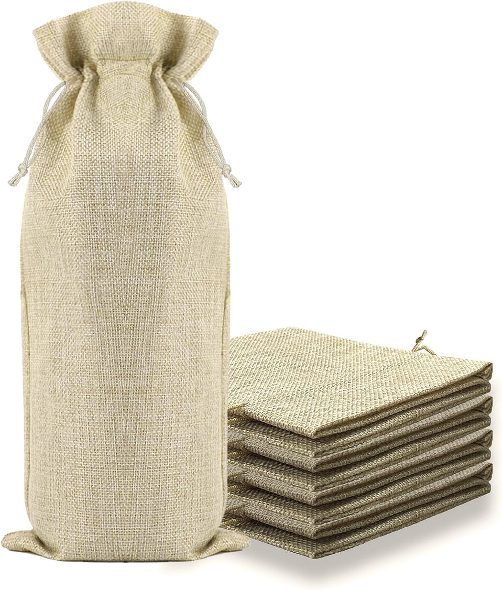 10 Pack Burlap Wine Gift Bags with Drawstring Fit 750ml, Natural