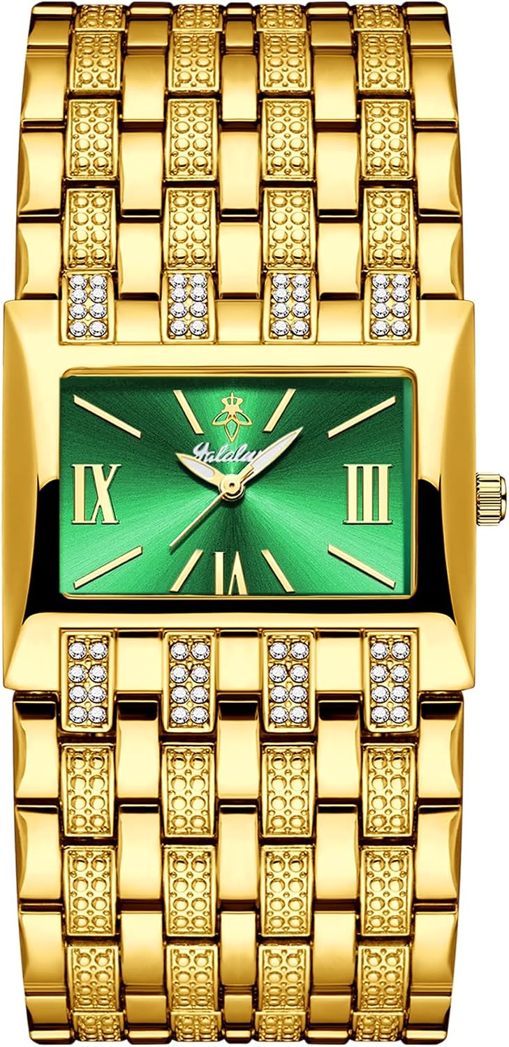 Women's Luxury Gold Watches with Green Dial, Stylish Ladies Bracelet Watch | Rectangular Dial, Crystal Wide Band