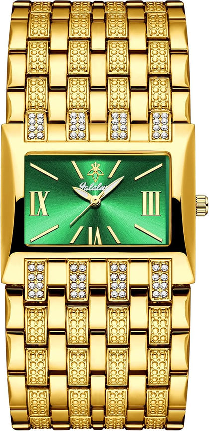 Women's Luxury Gold Watches with Green Dial, Stylish Ladies Bracelet Watch | Rectangular Dial, Crystal Wide Band
