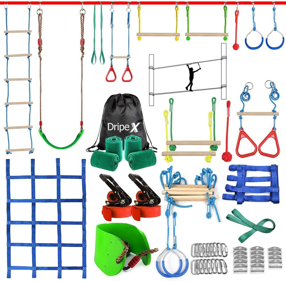 Ninja Warrior Obstacle Course for Kids Backyard - 2×50ft Slackline Kit with 10 Most Complete Accessories for Boys &