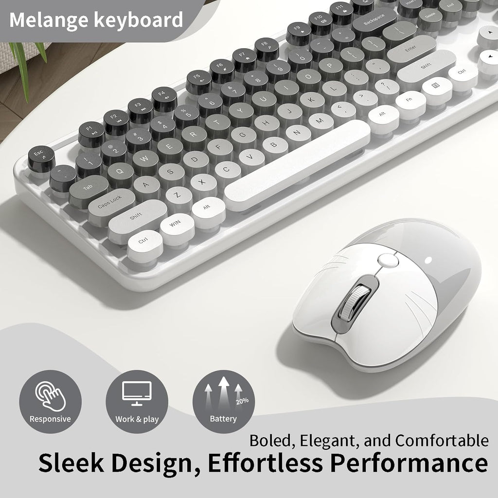 Creamy Wireless Keyboard and Mouse, MOFII 104 Round Keycaps Retro Typewriter with OTG & Brush, Full-Size Ergonomic
