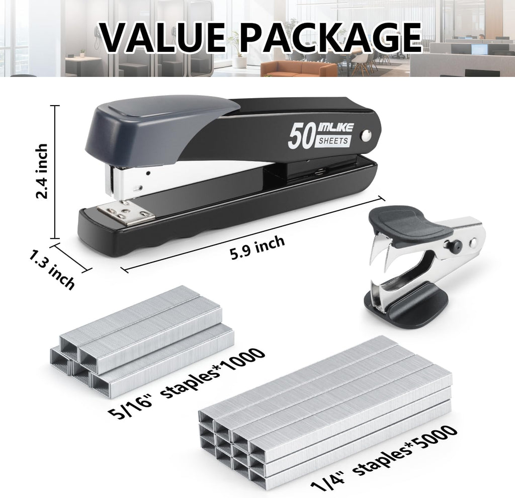 Heavy Duty Stapler, IMLIKE 50 Sheet Full Strip Stapler, Anti-Jam Non-Slip with 5000pcs 26/6 Staples and 1000pcs 23/8
