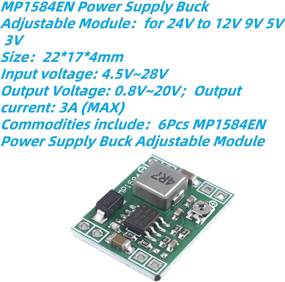 6Pcs 5V Buck Converter Mini MP1584EN DC-DC 3A Adjustable Module