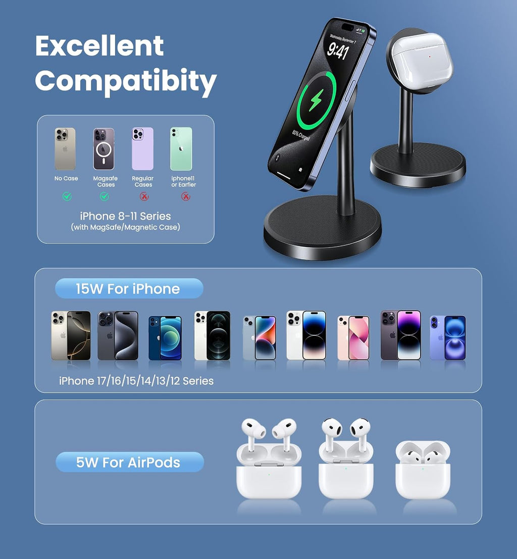 Magnetic Wireless Charger iPhone, 2 Pack 15W Fast Mag-Safe Charger Stand for iPhone 17/17 Air/17 Pro/17 Pro Max