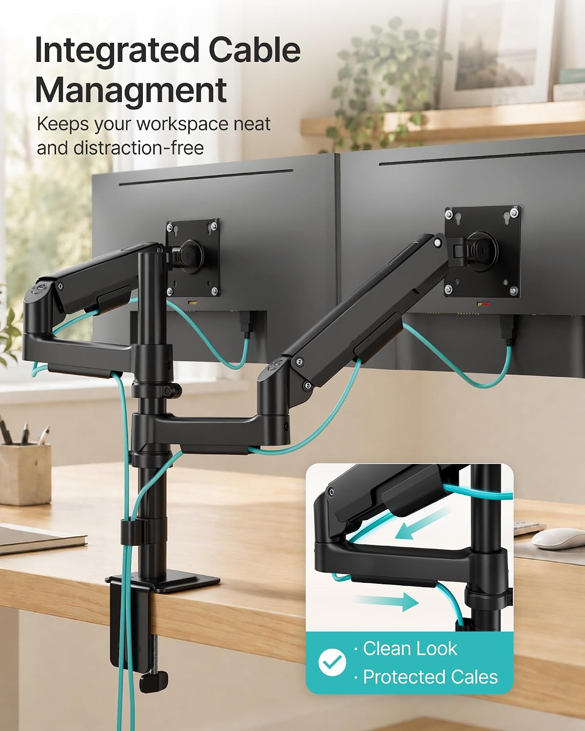 Dual Monitor Stand for 17-32 Inch Screens, Gas Spring Arms | Full Motion Mount with Cable Management, Support up to