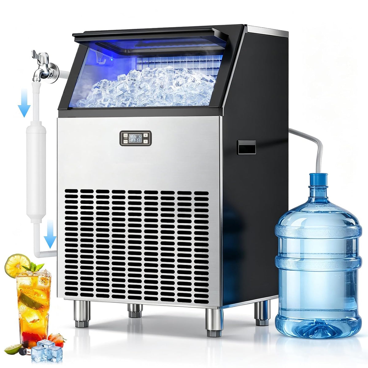Commercial Ice Maker, 350 LB/24H 70 LB Storage Bin, Stainless Steel