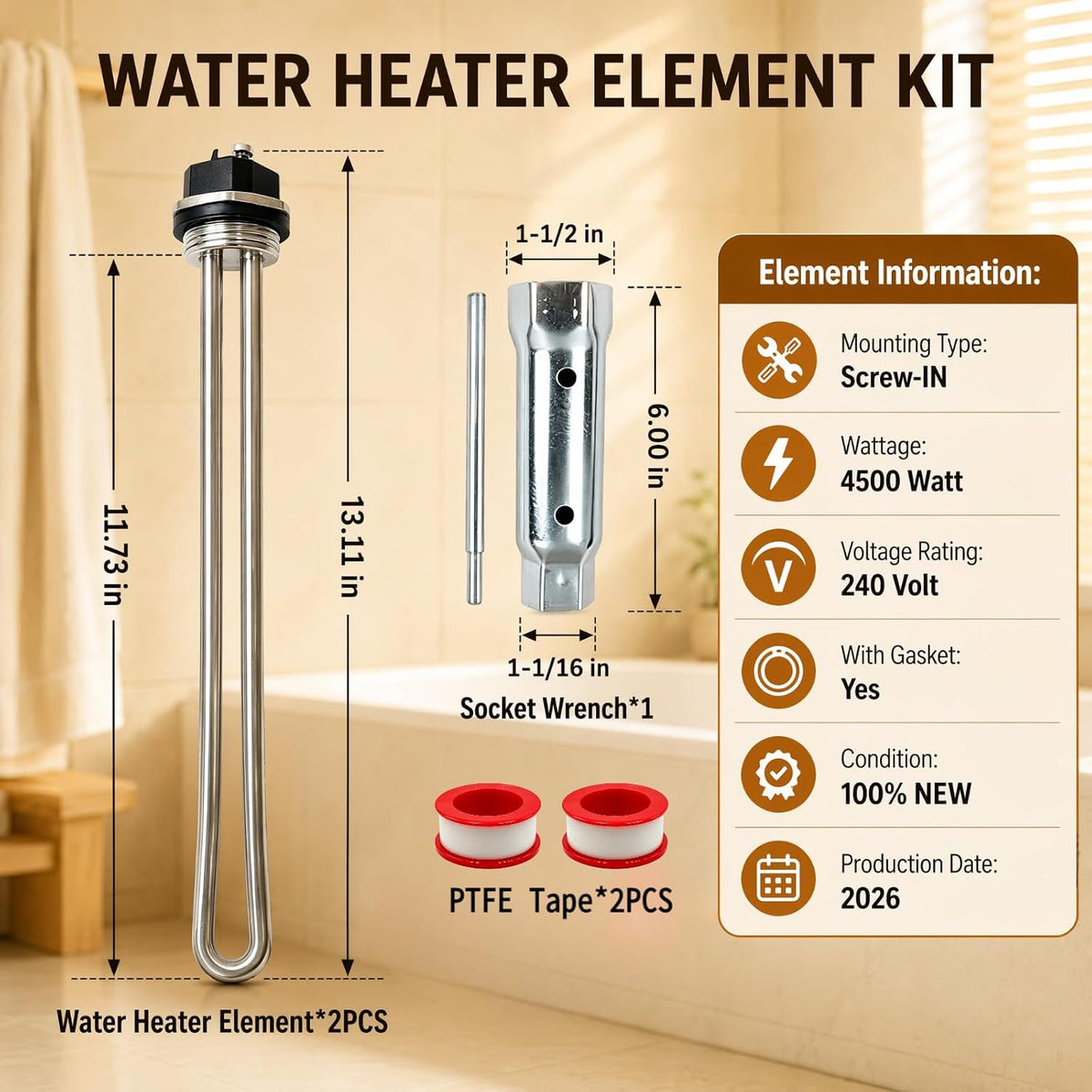 Upgraded 100108283 4500W 240V Water Heater Element 2 Pack, Socket Wrench & 2 PTFE Tape, for AO Smith ECT ECS ECL ECJN E6, Replaces 100108284 9000092015 9000092045