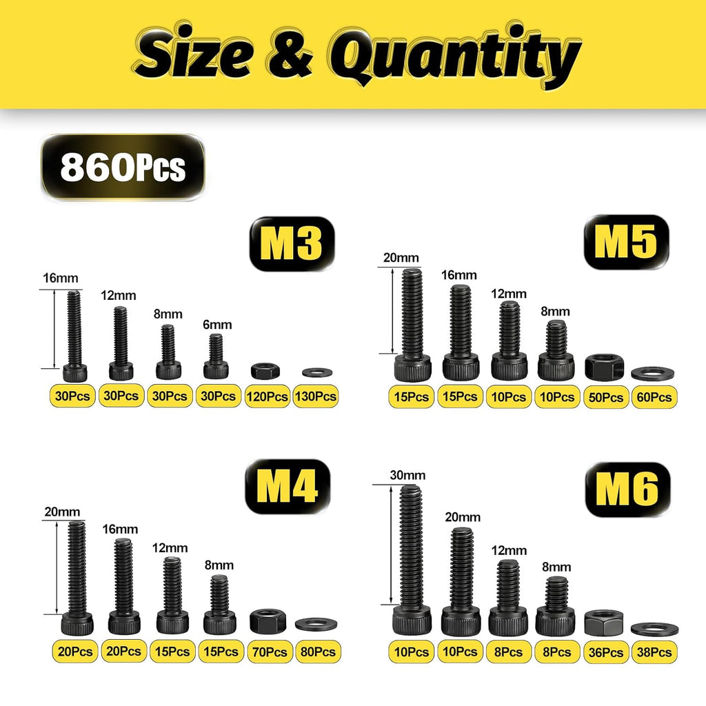 KADRICK 860PCS Metric Screws Assortment Kit,M6 M5 M4 M3 Hex Socket Head Cap