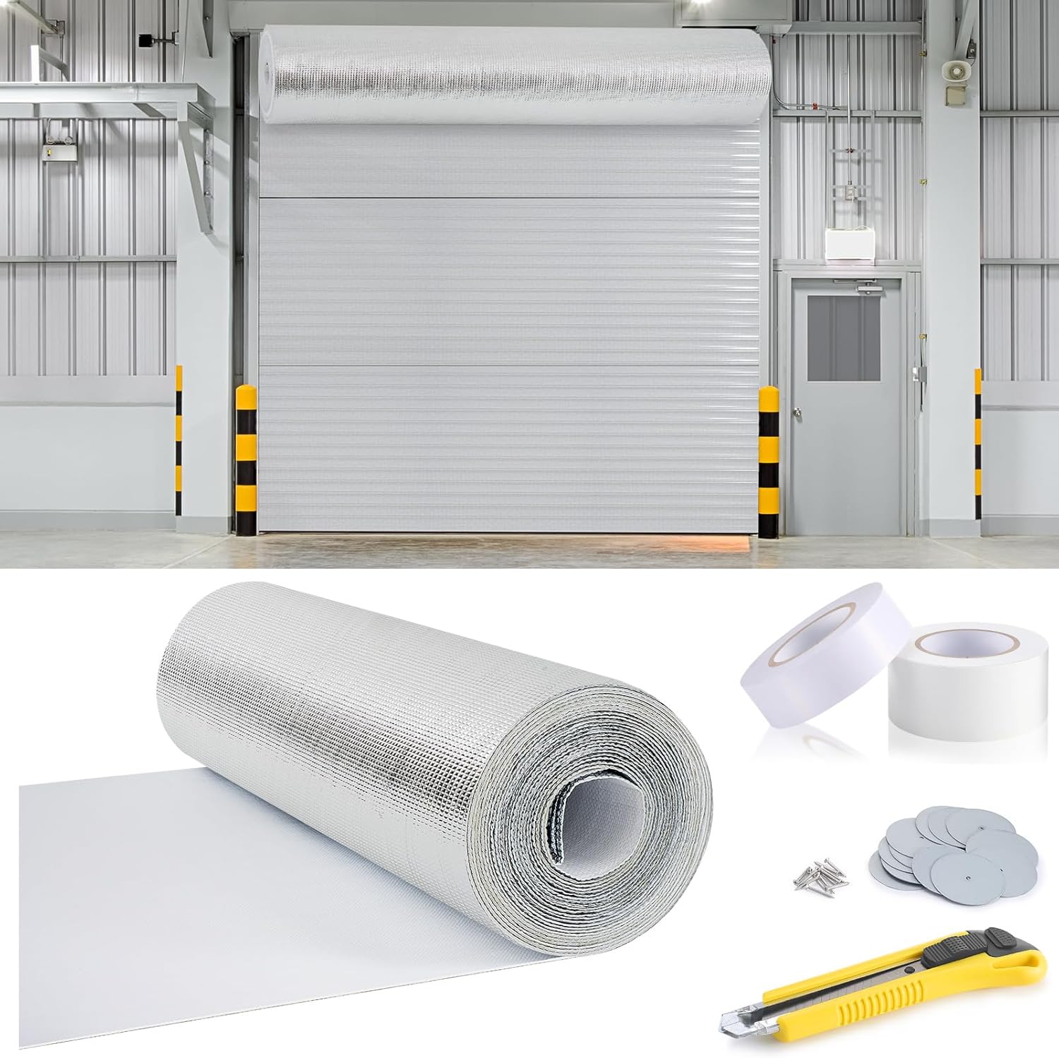 Roll up Garage Door Insulation Kit for Cooling Metal Buildings White Reflective Foam Aluminum Foil Summer Barrier