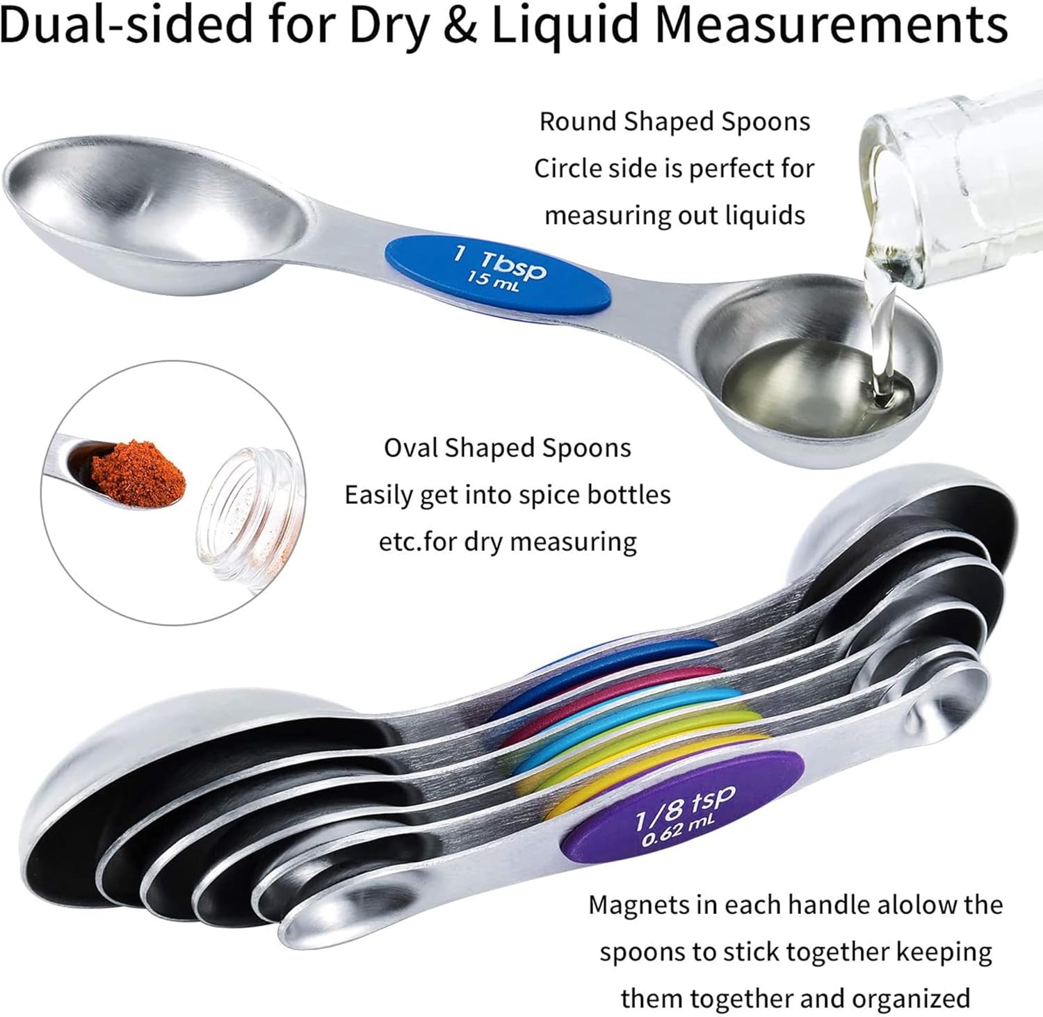 measuring cups and magnetic measuring spoons set, stainless steel measuring cups, 6 double-sided stainless steel