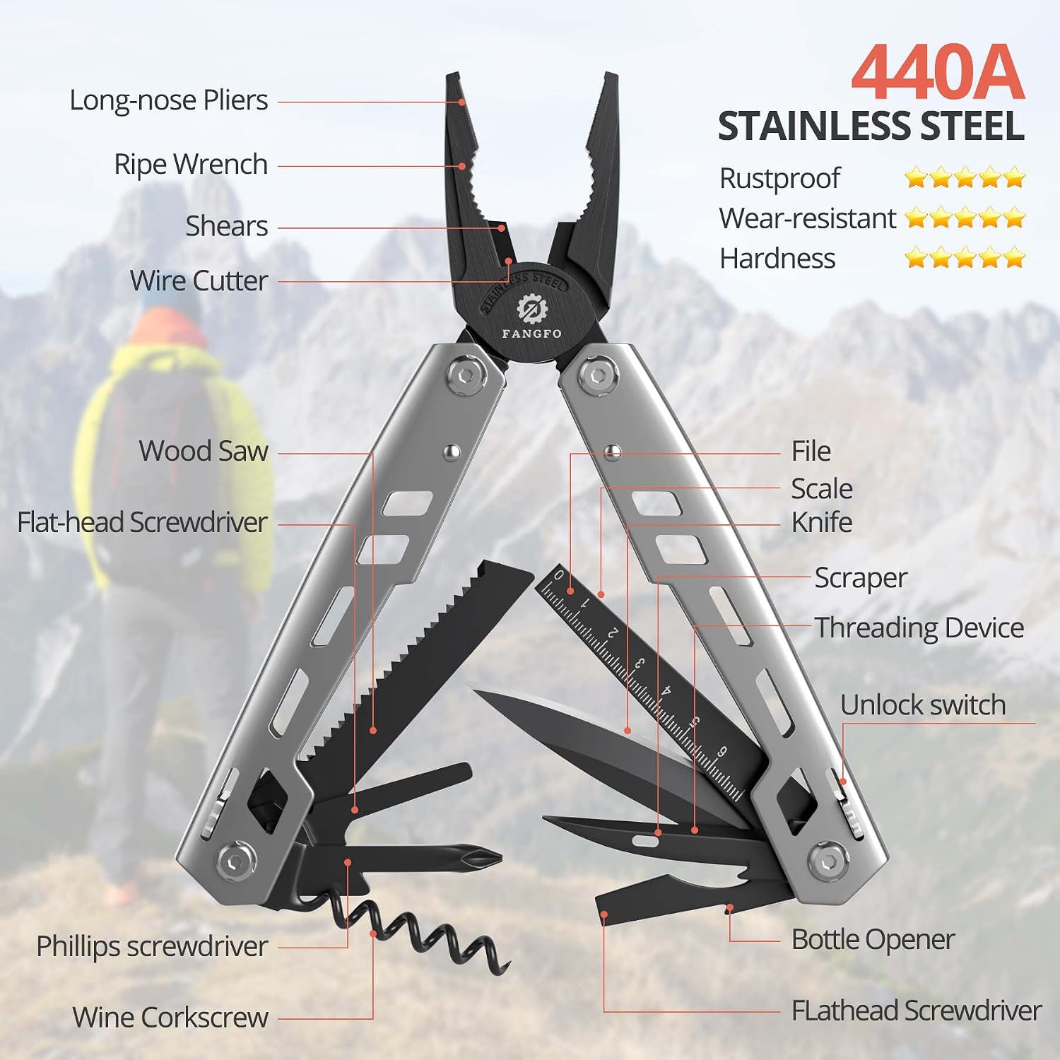 Multitool 17-in-1 Stainless Steel Multi Tool with Pocket Knife Needle Nose Pliers Bottle Opener Screwdriver