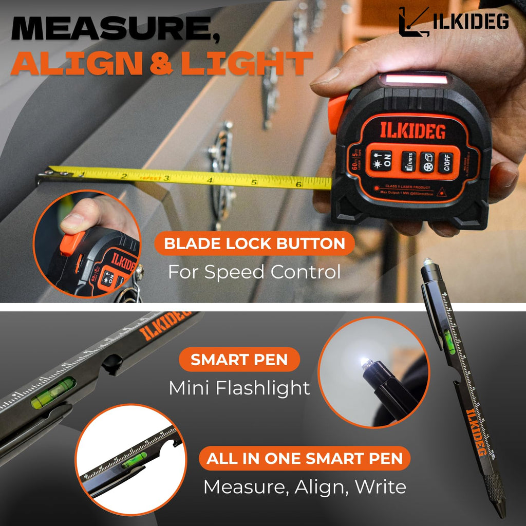 4-in-1 Digital Laser Tape Measure - Multitool Pen, 196ft Laser Measuring Tool, 16ft Measuring Tape, Crosshair Line