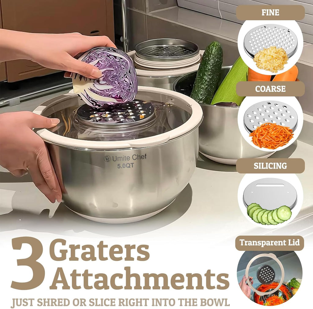 Mixing Bowles Set with Lids Set - Warp-Proof TPR-AS Lids, Stainless Steel Mixing Bowl with 3 Graters & Measuring