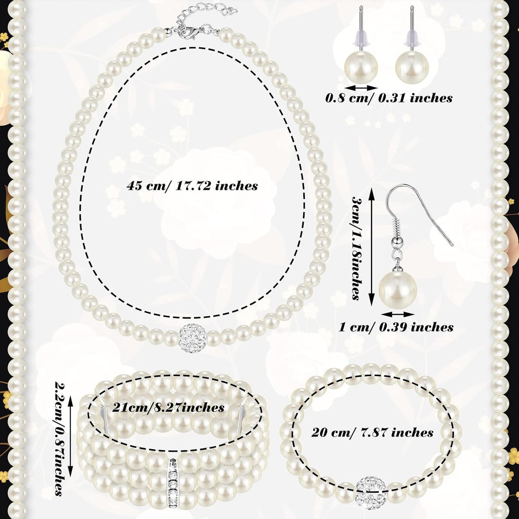 Pearl Rhinestone Jewelry Set for Women Pearl Necklace Bracelet Earrings for Wedding Birthday Bridal Shower Tea Party