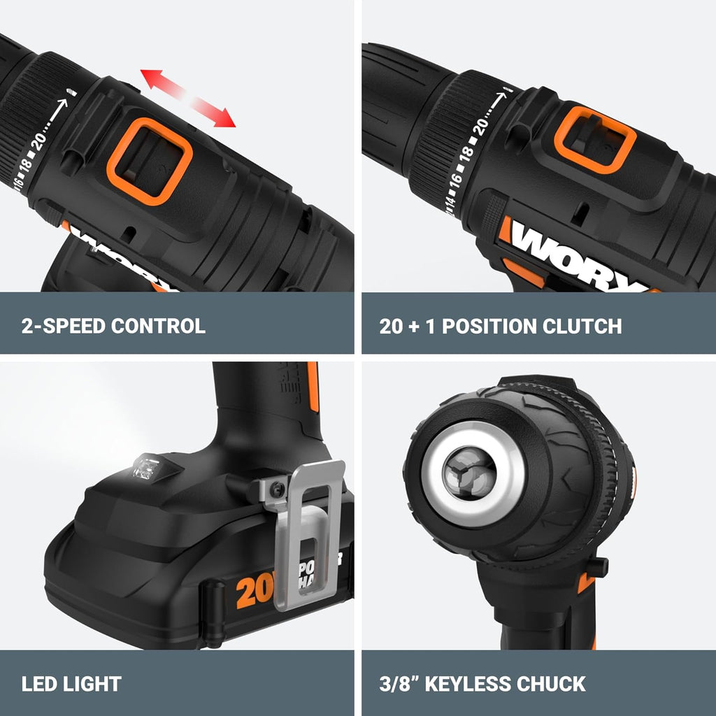 20V Cordless Drill Driver, 84pc Accessory Kit, Variable 2-Speed, 265 In-Lbs Torque, 20+1 Clutch, Lightweight
