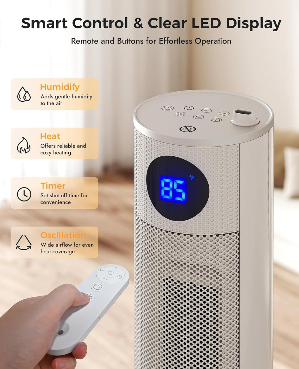 Space Heater with Humidifier - Portable Tower Heaters for Indoor Use, Remote, Adjustable Thermostat, 3 Heat Modes