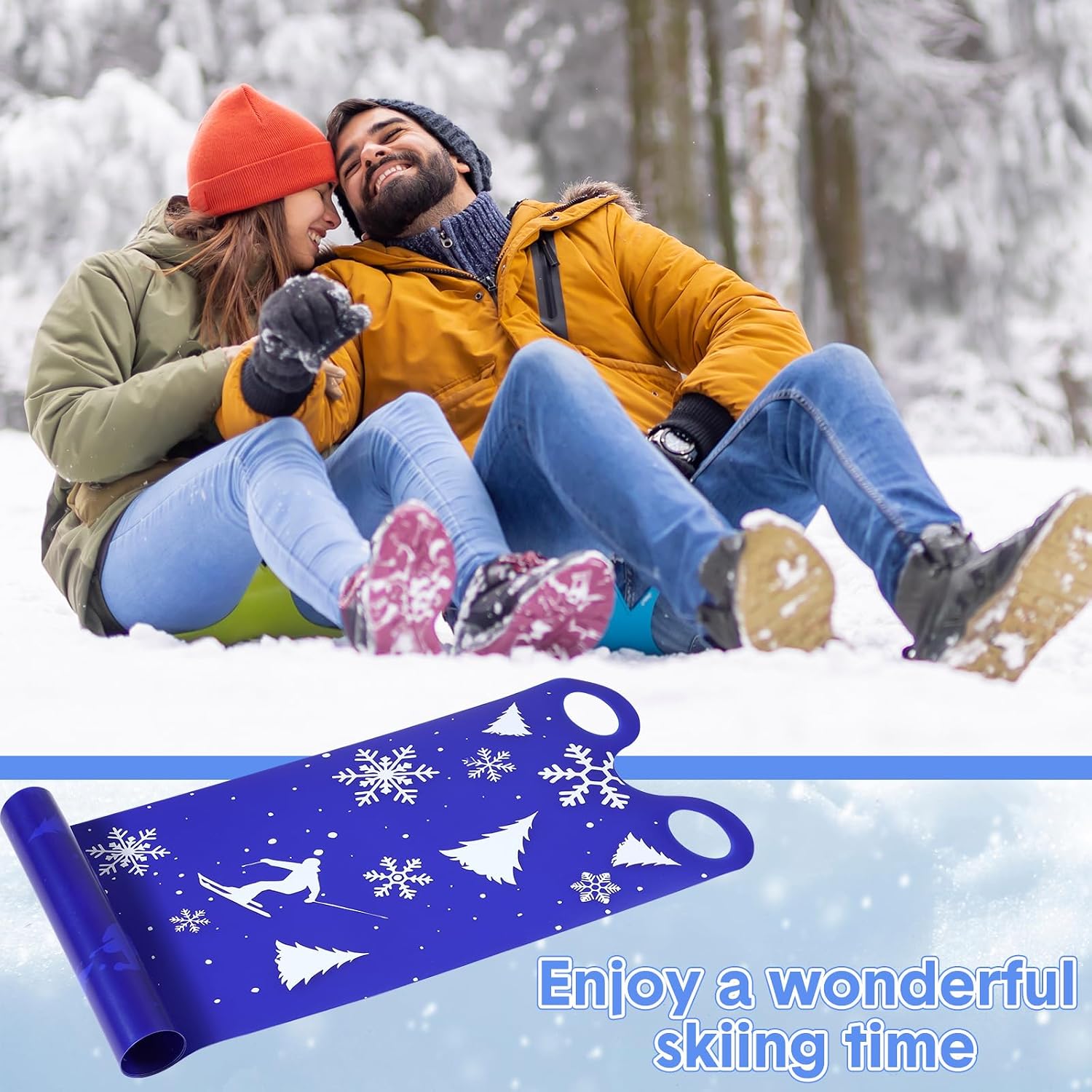 Large 54" Snow Sled for Adults Snowflake Flying Slider Mat with Handles and Warm Winter Gloves Snow Carpet