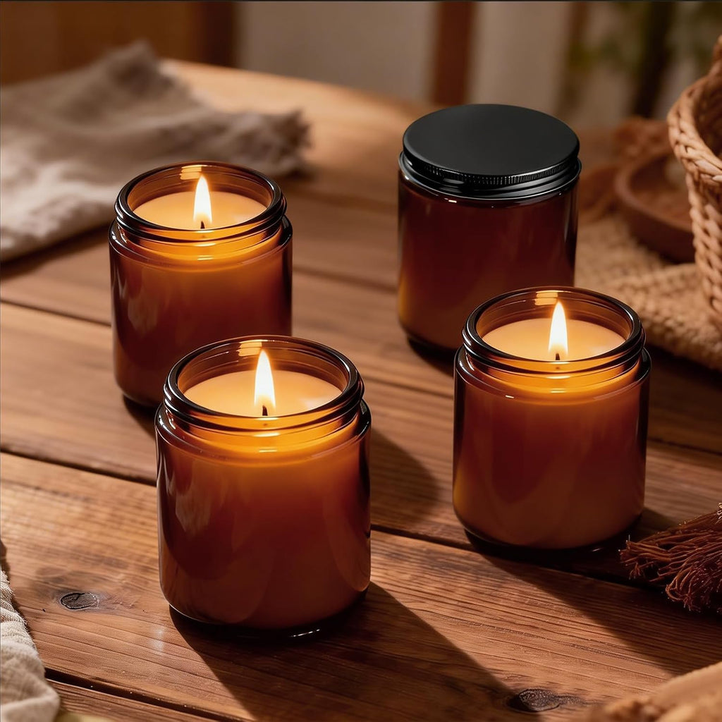 Candle Jars for Making Candles 12pcs, 8oz Amber Glass Containers with Lids, Thick Glass Jars with Matte Black Metal