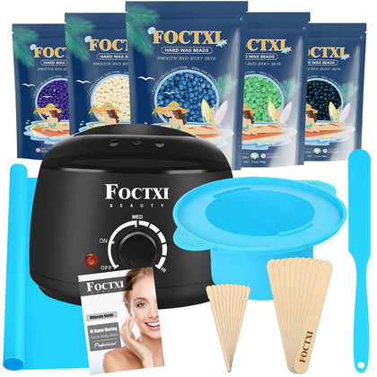 Waxing Kit for Women Men - Hard Wax Kit for Hair Removal with Silicone Bowl, 5 Bags Hard Wax Beads & Accessories