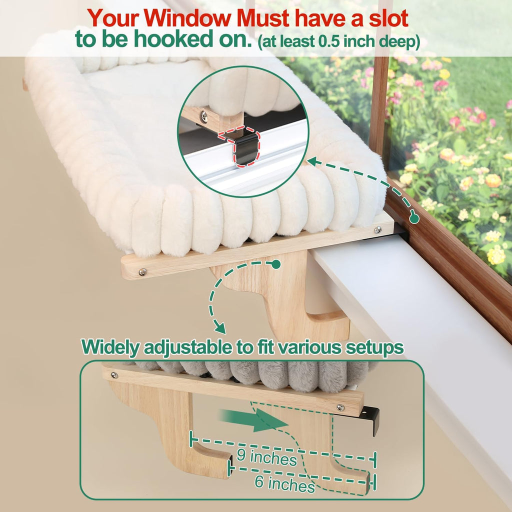 SnugCloud Cat Window Perch with 4-Sided Bolster - Orthopedic Cat Hammock for Window Sill - Solid Hardwood & Metal