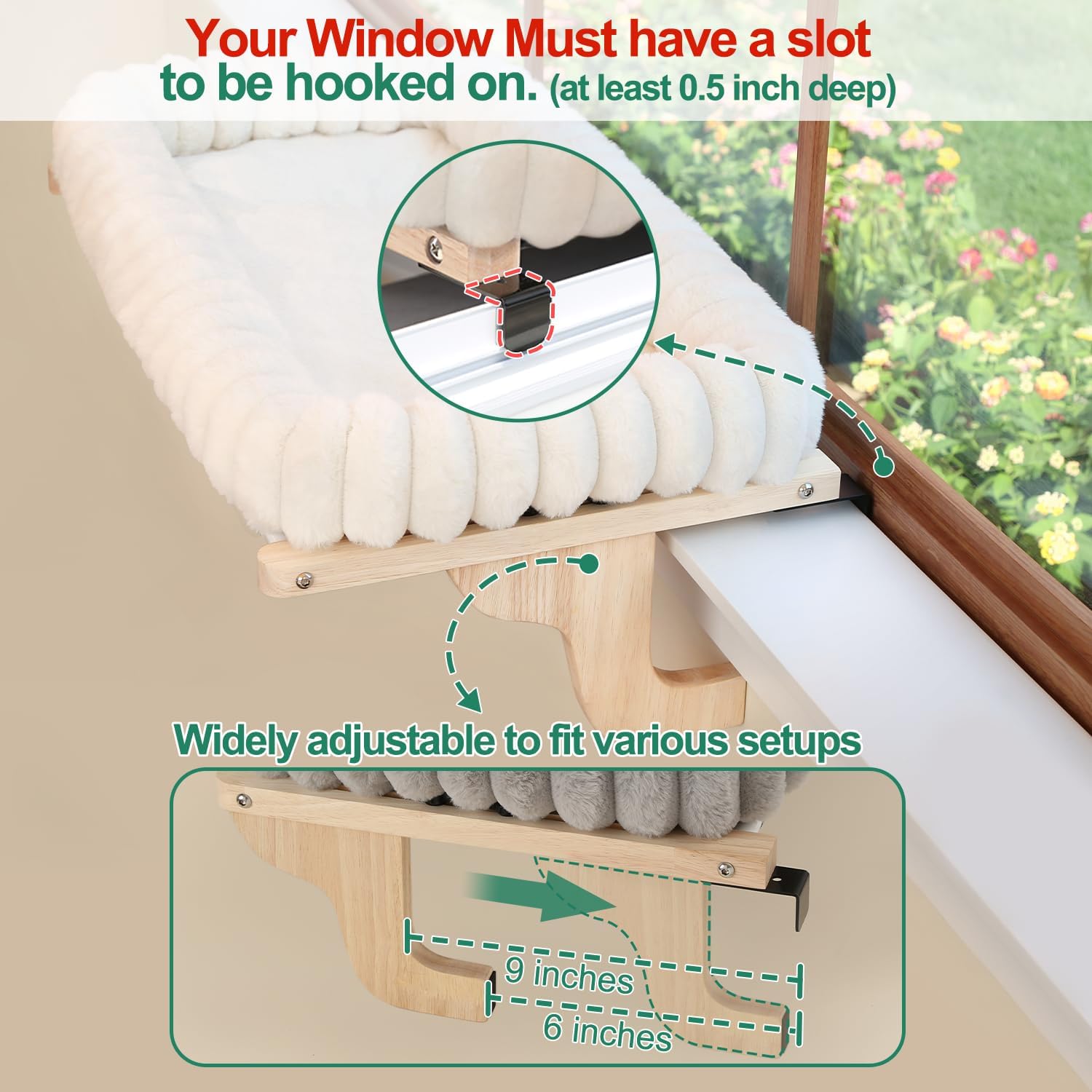 SnugCloud Cat Window Perch with 4-Sided Bolster - Orthopedic Cat Hammock for Window Sill - Solid Hardwood & Metal