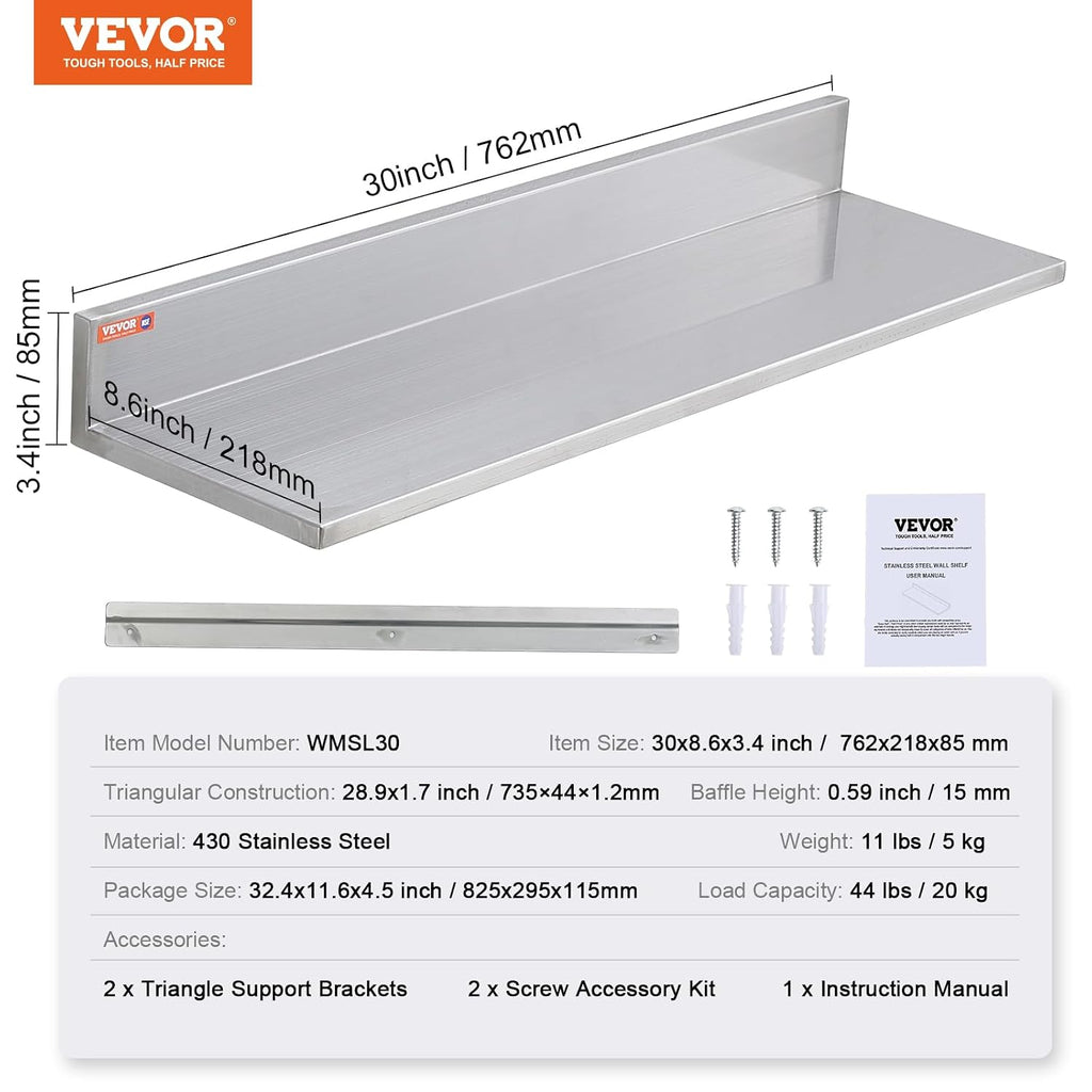 8.6" x 30" -2 Pack Stainless Steel Shelf, Wall Mounted Floating Shelving with Backsplash, 44 lbs Load Capacity