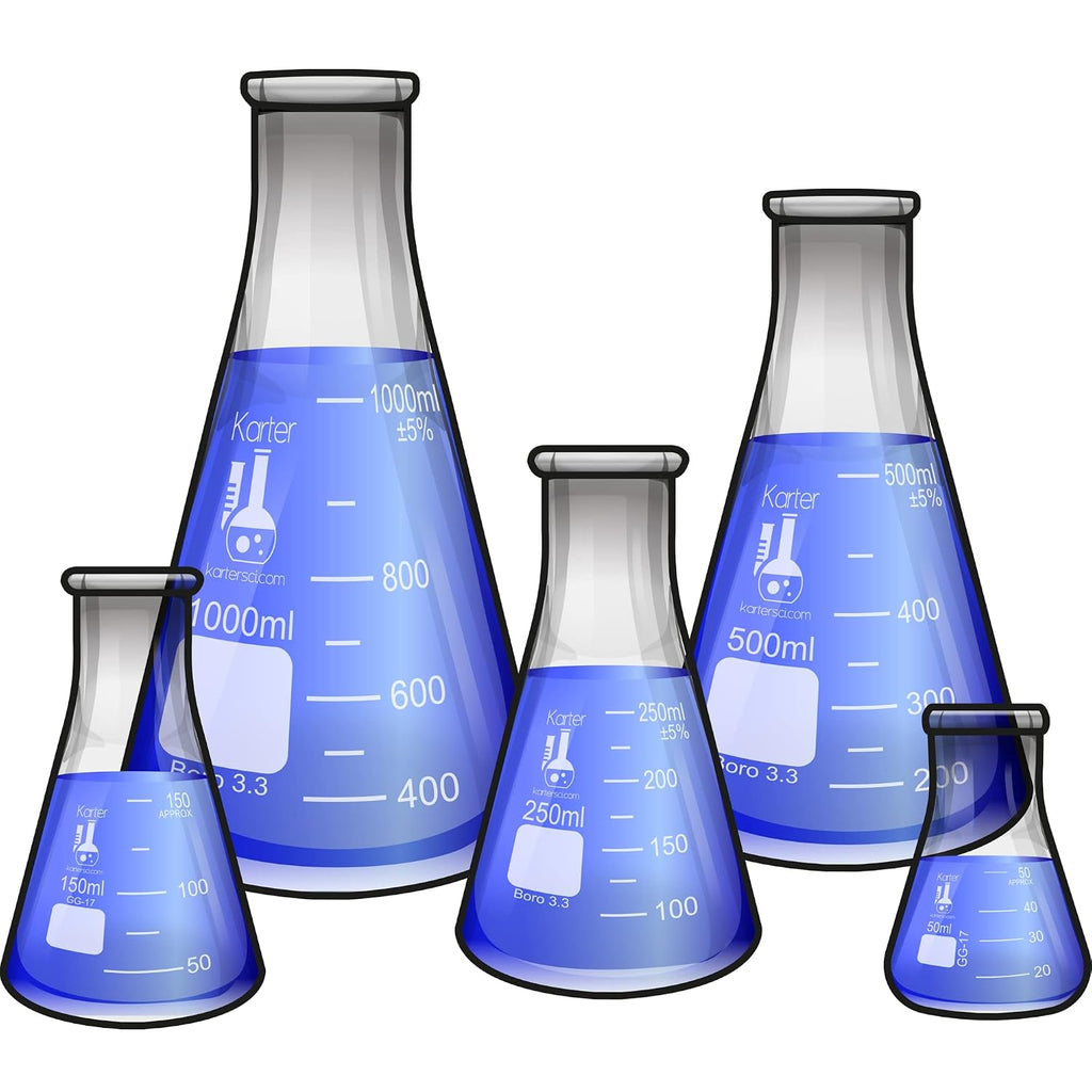 Glass Flask 5 Piece Set, Narrow Mouth Erlenmeyer, Borosilicate 3.3 Glass - 50ml, 150ml, 250ml, 500ml, 1L, 213B2