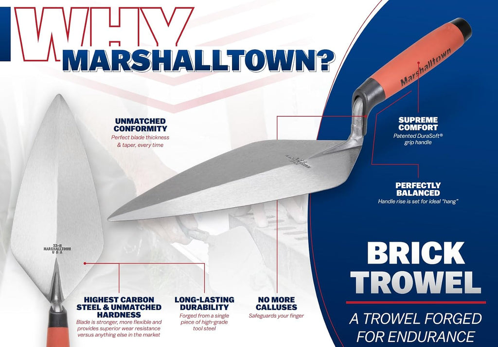 London Brick Trowel, 12 x 5 1/8 Inch, Assembled in the USA | Forged One-Piece High Carbon Steel Blade, Taper-Ground