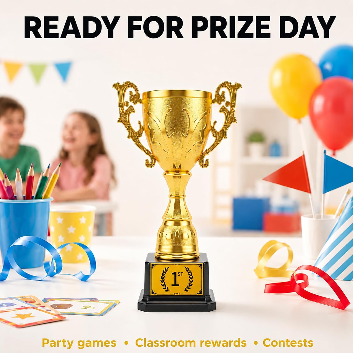 1st Place Trophy Award, Gold Plastic Cup with Adhesive First Place Plate and Black Base, Approx. 8.27 in Tall, Winner