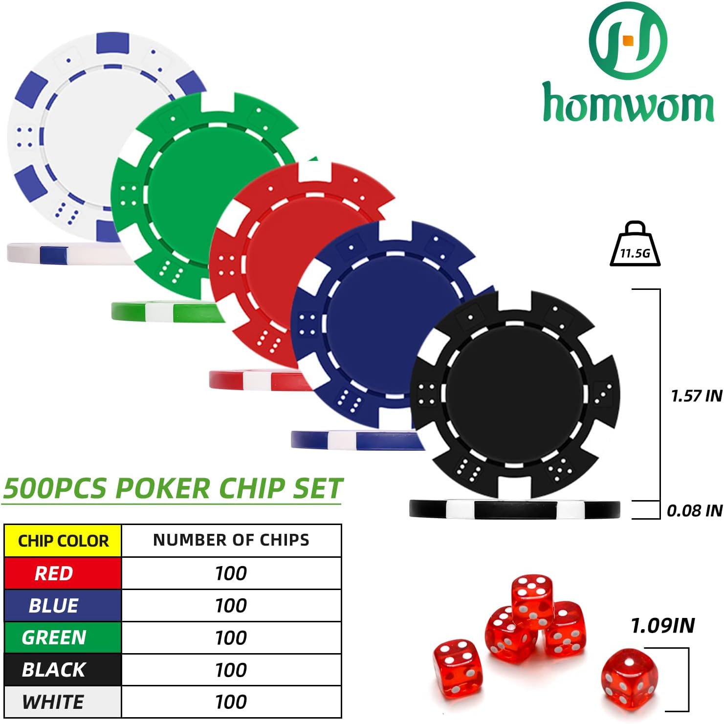 Poker Chip Set - 500PCS Poker Chips with Aluminum Case, 11.5 Gram Chips for Texas Holdem Blackjack(500pcs)