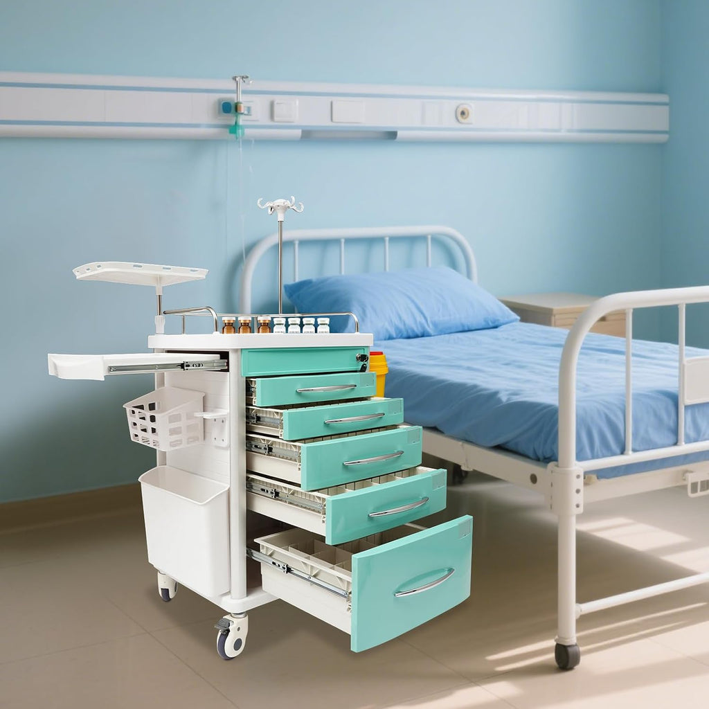 Rolling Medical Cart for Hospital – Emergency Crash Cart with 5 Drawers, Silent Casters, Power Strip, Adjustable IV