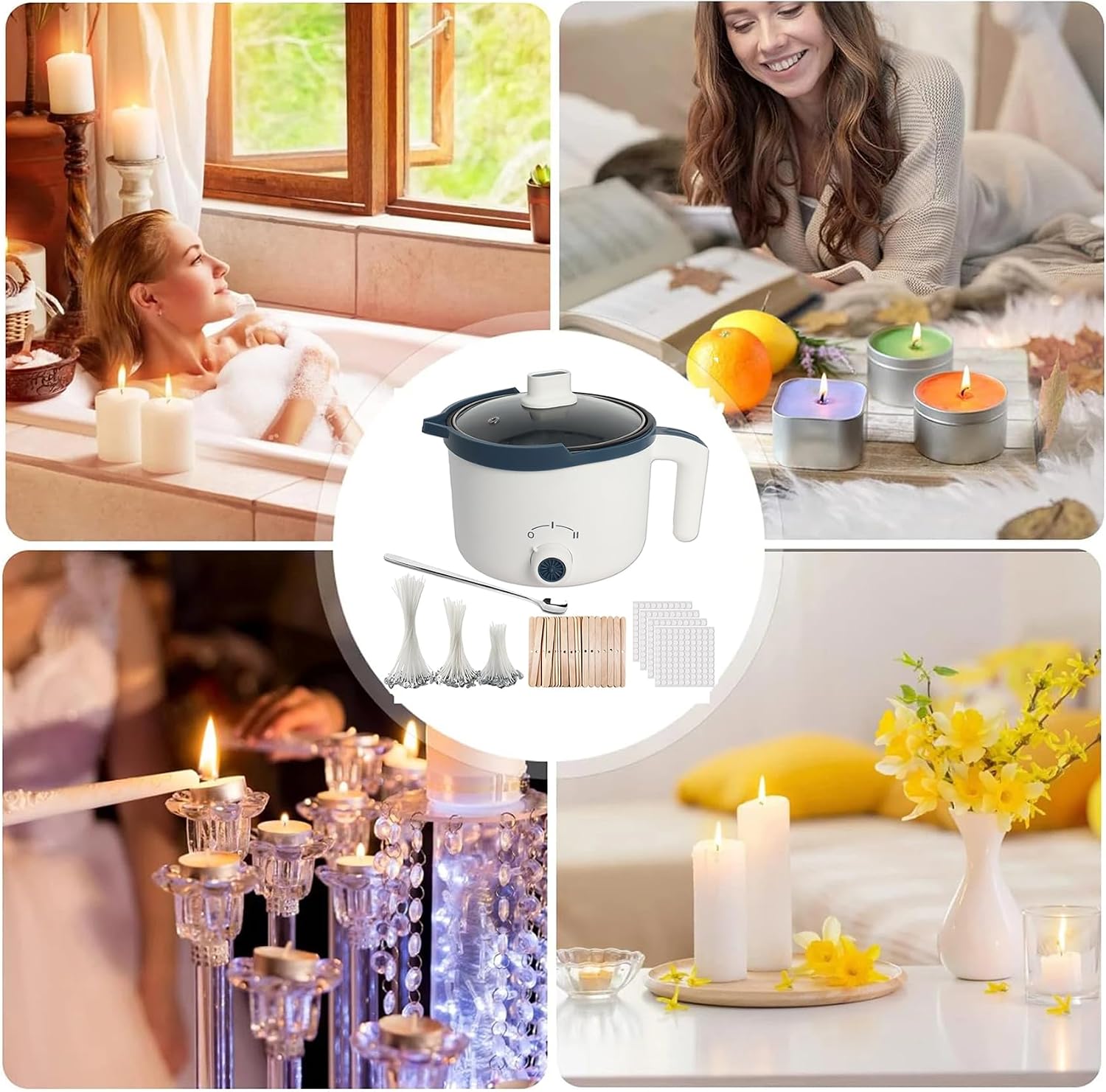 Wax Melting Pot for Candle Making, 1.8L Electric Candle Wax Melter | with Pouring Spout 90 Wicks 100 Wick Stickers 45