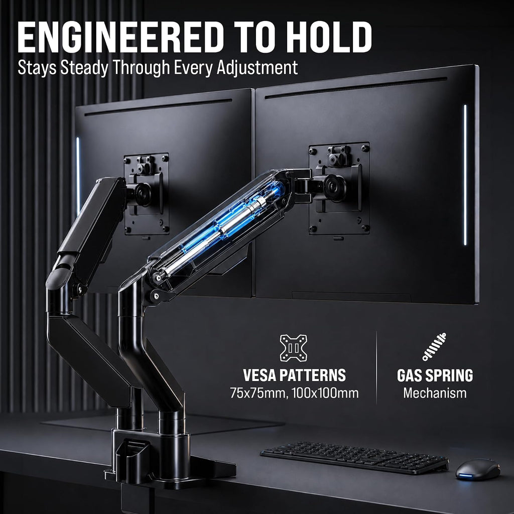 Premium Dual Monitor Mount 14"-32” Dual Monitor Arm VESA Bracket Adjustable Height Gas Spring Dual Monitor Stand