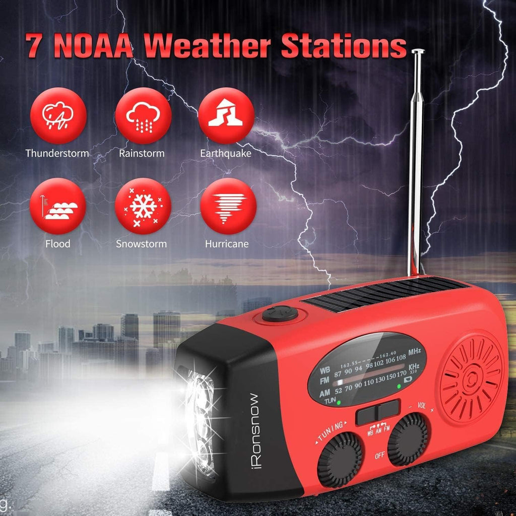 Solar Emergency Hand Crank Weather Radio, 2000mAh NOAA AM/FM | Portable Self Powered Radios with SOS Alarm LED
