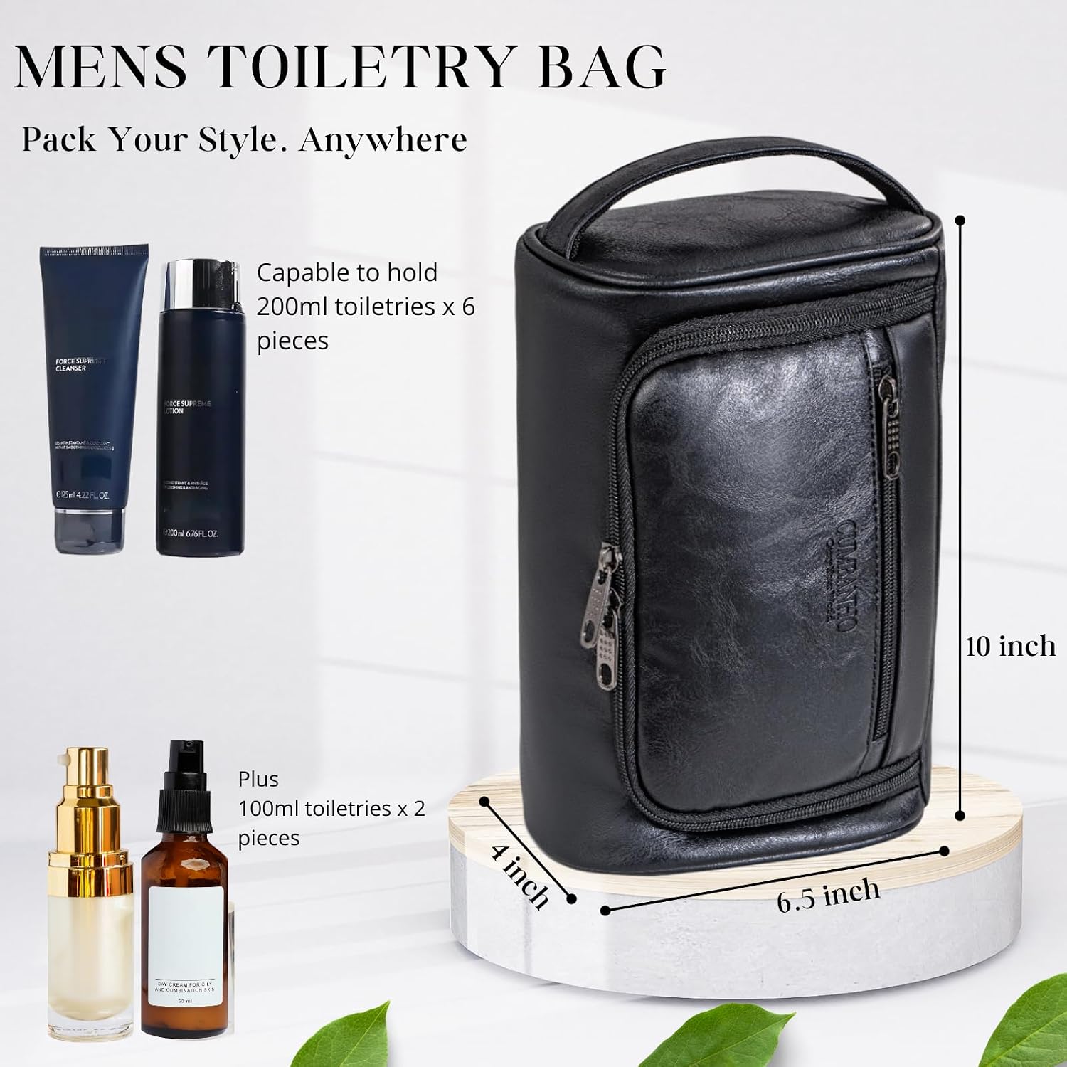 Mens Toiletry Bag,Compact Dopp Kit for Men Travel, PU Leather Shaving Kit, Water-Resistant Minimalist Organizer with
