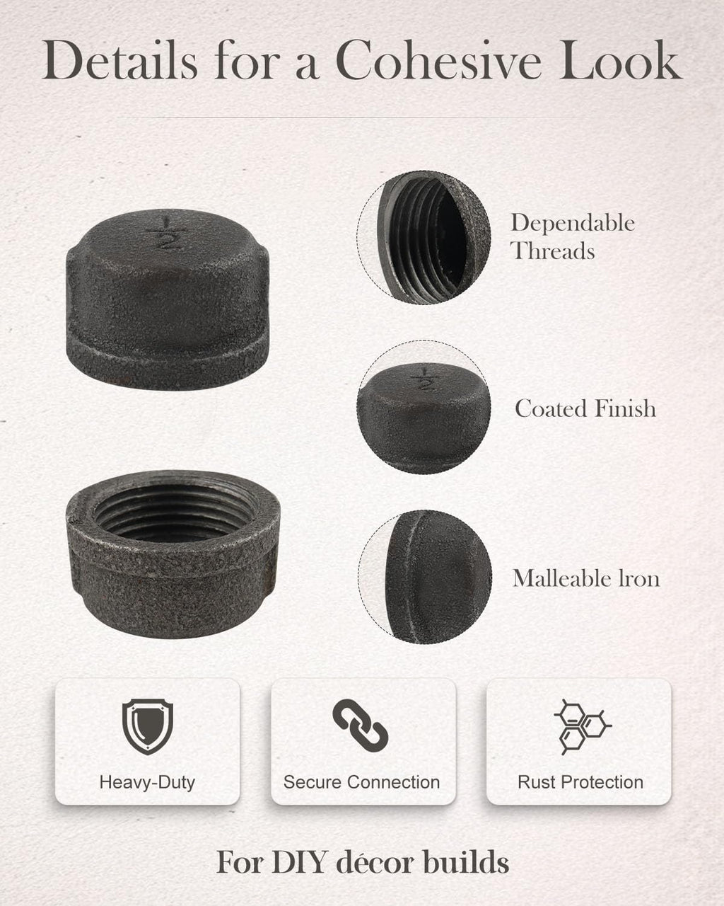 10 Pack 1/2" Malleable Cast Iron Pipe Cap, Black Threaded Fitting