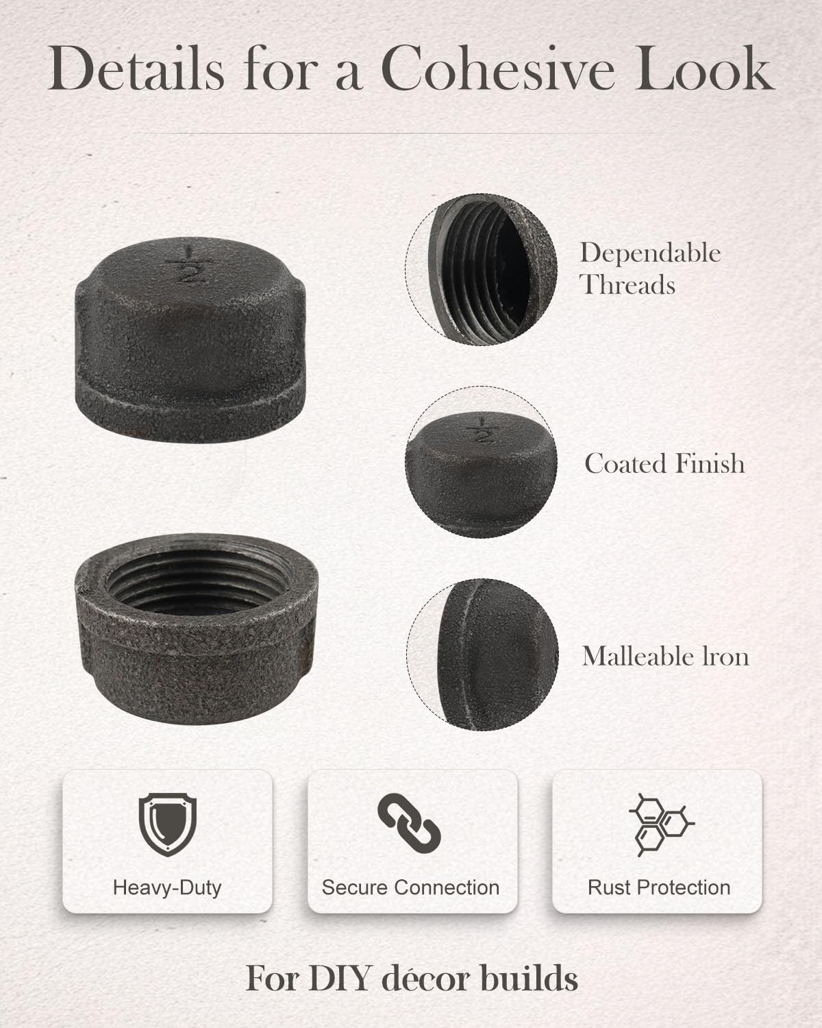 10 Pack 1/2" Malleable Cast Iron Pipe Cap, Black Threaded Fitting