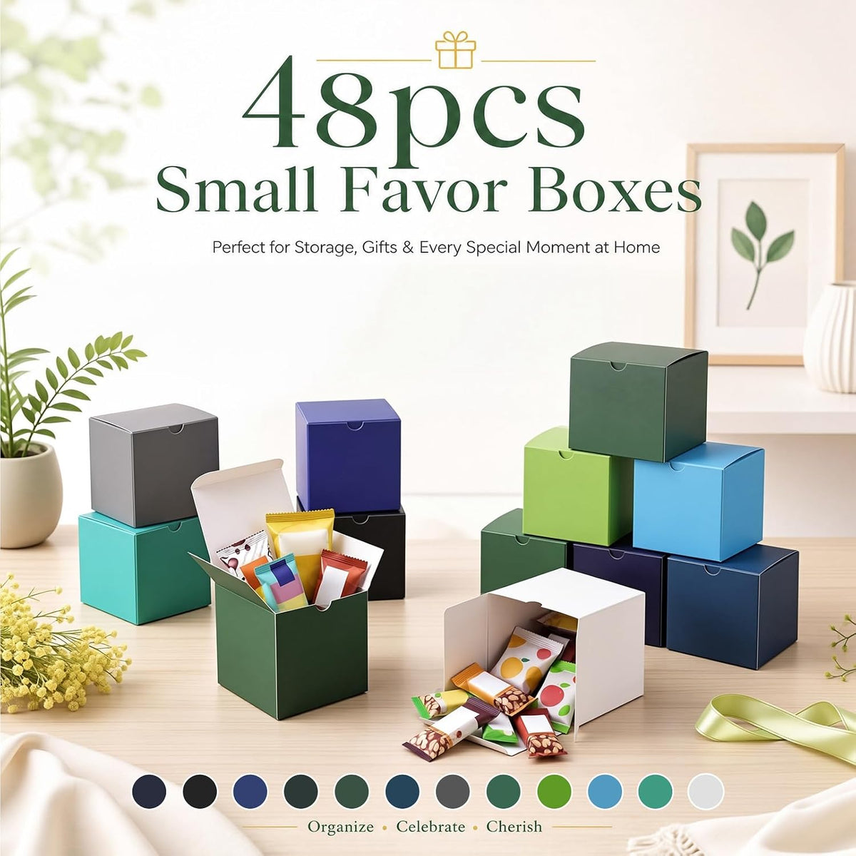 48 Pack Blue and Green Gift Boxes 12 Colors Small Cardboard