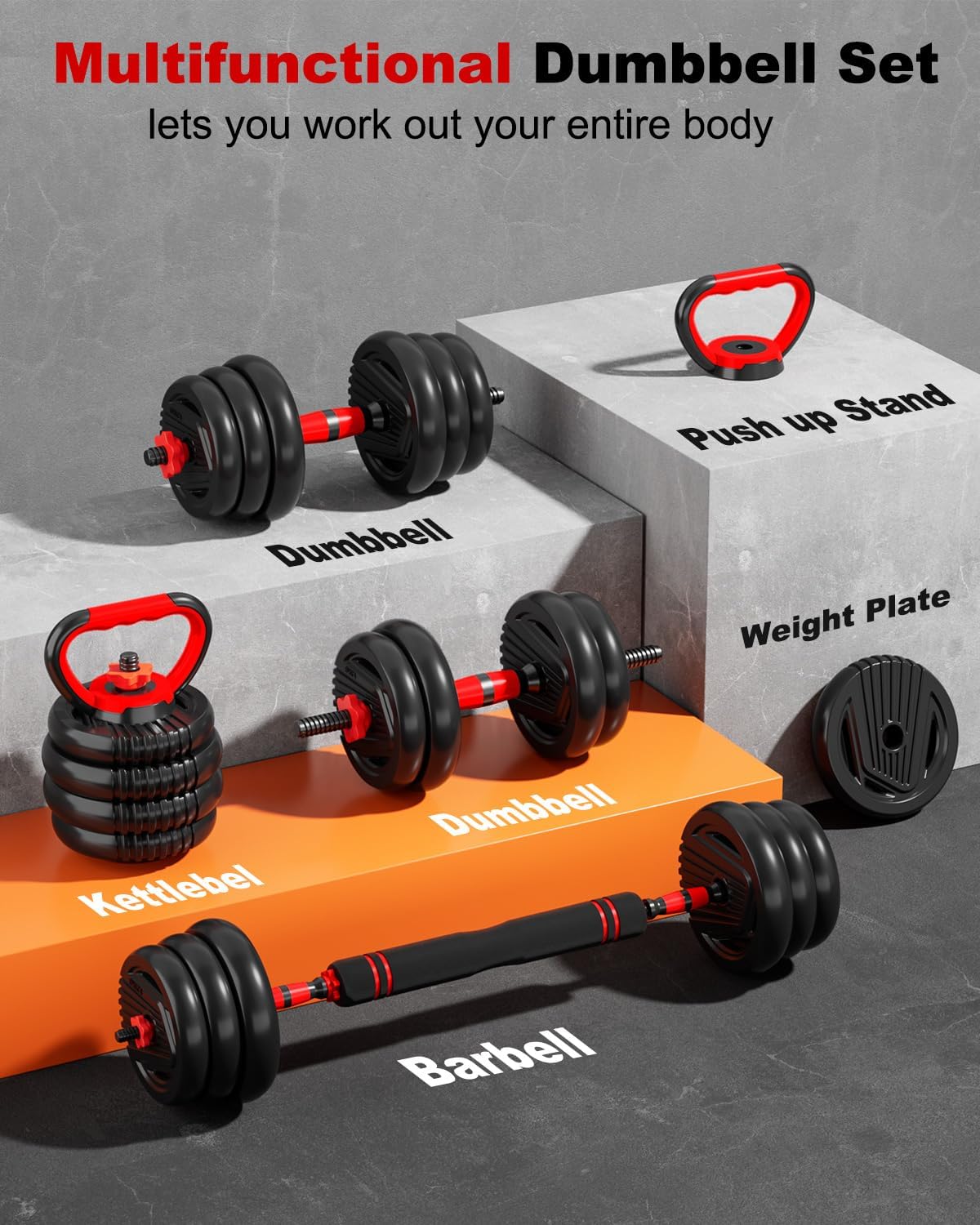Adjustable Dumbbell set,20/30/45/70/90lbs Free Weight Set | 5 in1 Dumbbell Set with Connector,Used as