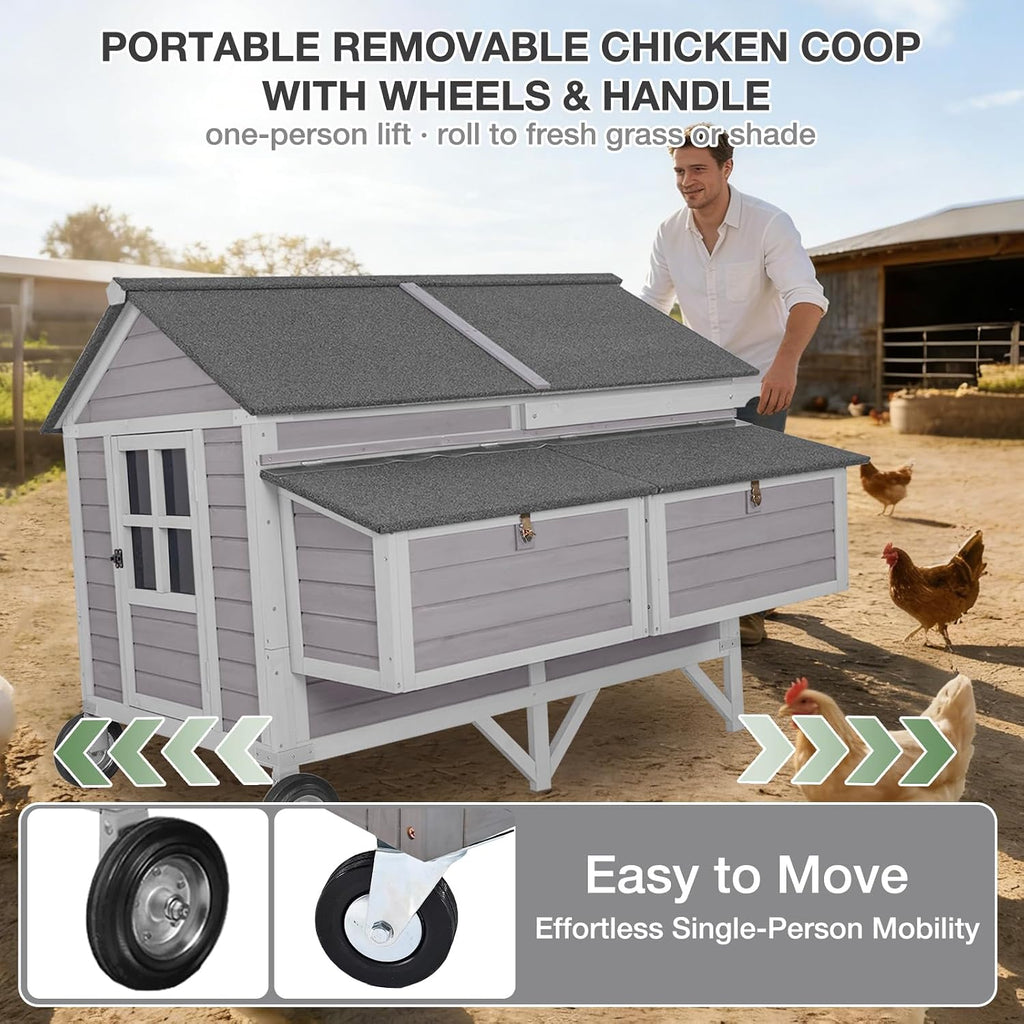 68" Chicken Coop for 8-12 Chickens with Large Wheels, Mobile Wooden Hen House with 4 Nesting Boxes, 4 Perches