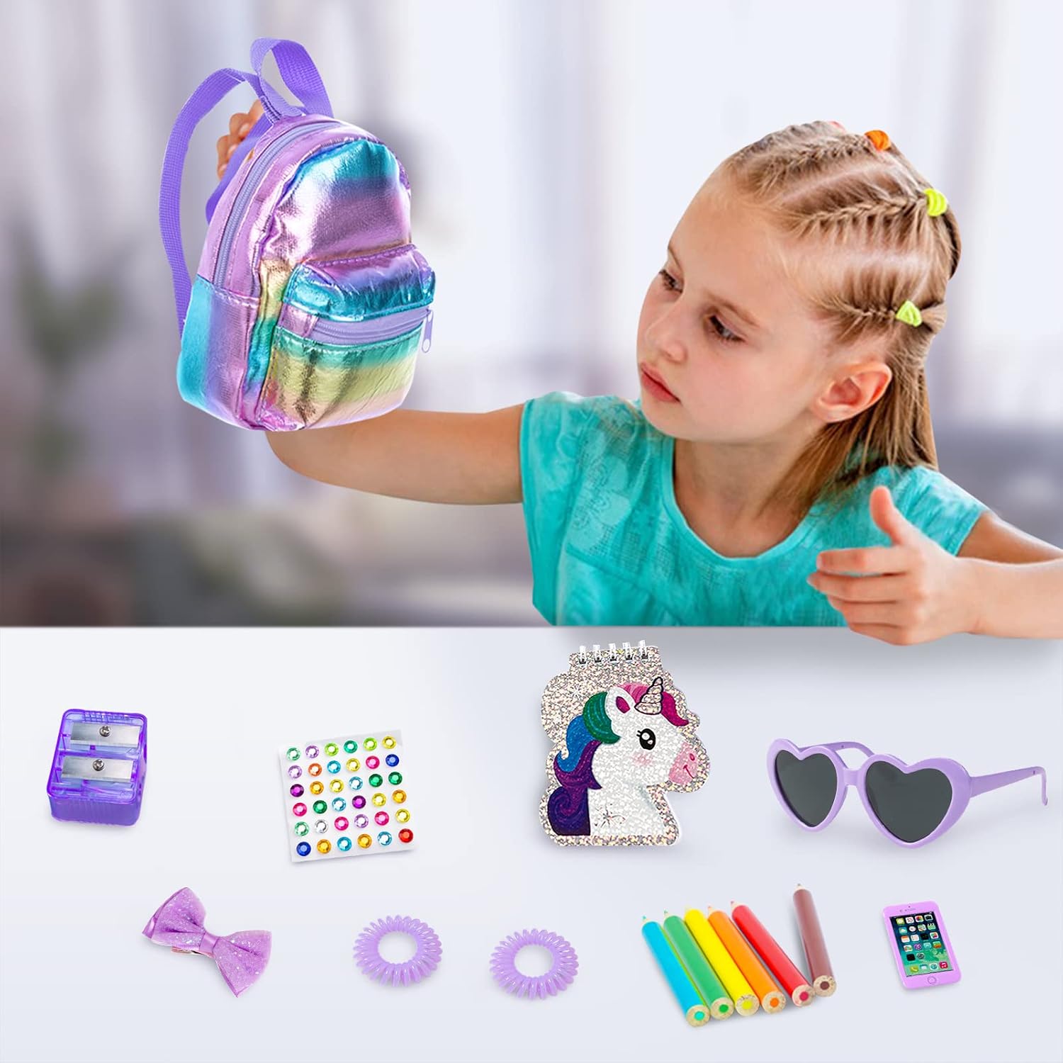 18 Inch Girl Doll Clothes and Accessories School Supplies Playset with Clothes Set, School Bags, Sunglasses, Pencils