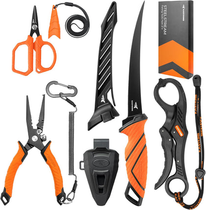 SteelStream Fishing Tool Set, Fishing Gear | Corrosion Resistant Fishing Pliers, Fillet Knife, Scissors, 55 lb