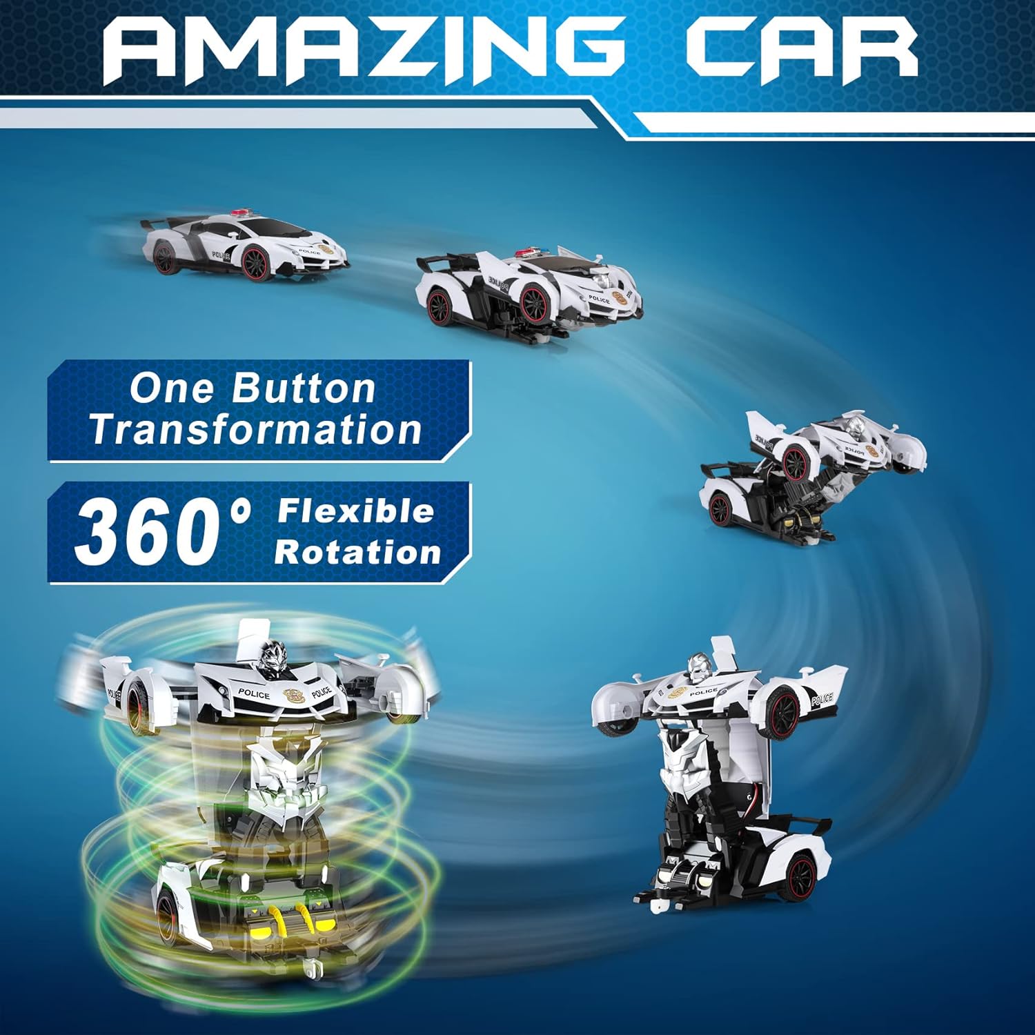Remote Control Car - Transform Toys Car Robot, One Button Deformation to Robot with Flashing Light, 2.4Ghz 1:18 Scale