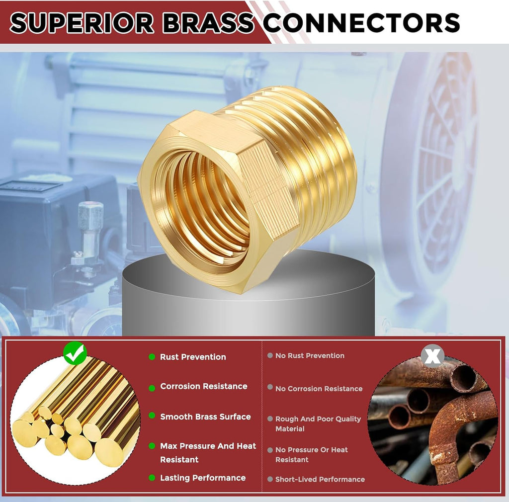 Pack of 4, 3/8" NPT Male to 1/4" NPT FeMale Solid Brass Hex Bushing