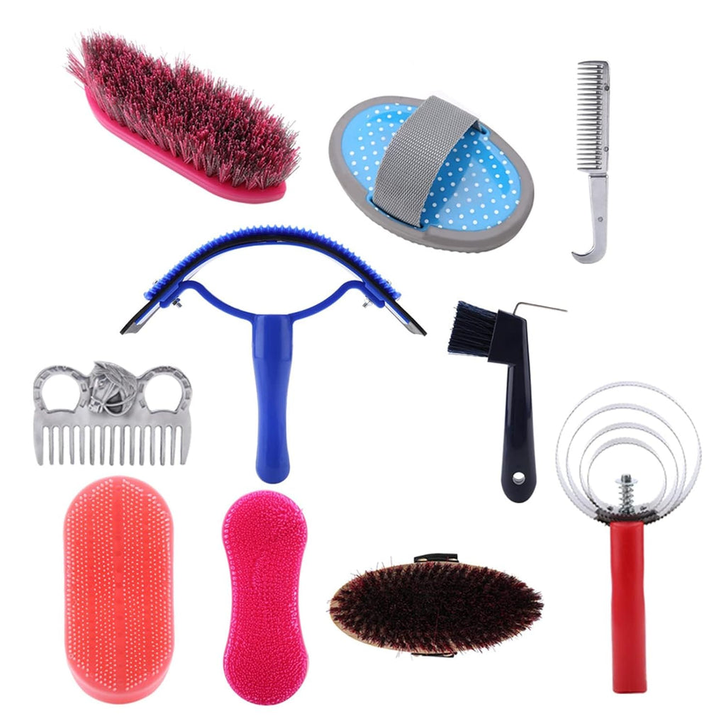 10-Piece Horse Grooming Care Set, Equestrian Brush and Curry Comb Collection, Full Horse Cleaning Tool Kit with Sweat