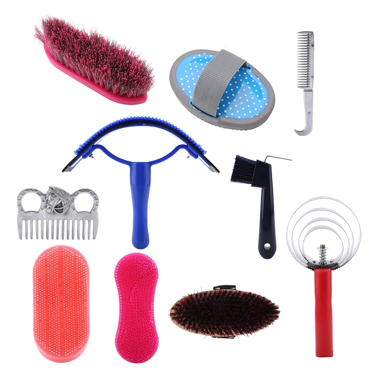 10-Piece Horse Grooming Care Kit – Equestrian Brush and Curry Comb Set with Sweat Scraper, Hoof Pick & Brushes for